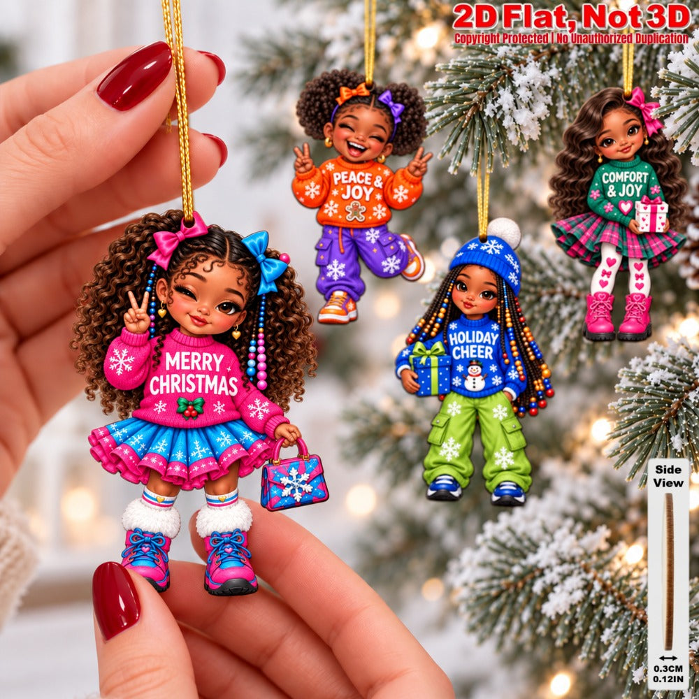 2D Flat 18Pcs Black Girl Comfort and Joy Quote Wooden Ornaments, Eye-Catching Wooden Hanging Ornaments for Christmas Trees