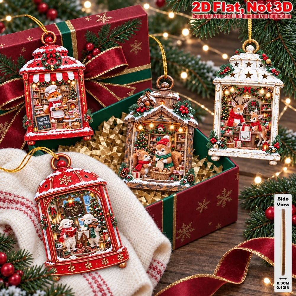 2D Flat 18Pcs Christmas Animal Lantern Scene Wooden Ornaments, Winter Wildlife Lantern Hanging Tree Toppers, Xmas Tree, Wall, Window, Door, Mantel, Porch Decor & Holiday Gift