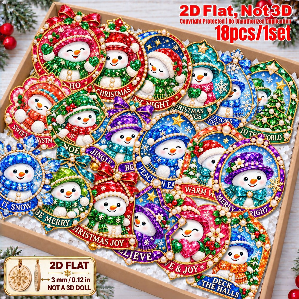 2D Flat 18Pcs Colorful Ornate Crystal Textured Snowman With Christmas Quotes Wooden Ornaments, Gorgeous Festive Snowman Hanging Tree Toppers, Xmas Tree, Wall, Window, Door, Mantel, Porch Decor & Holiday Gift