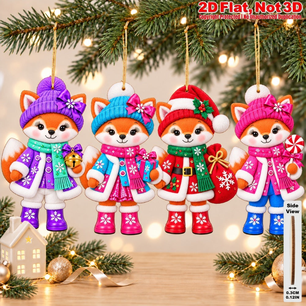 2D Flat 18Pcs Colorful Ornate Christmas Fox Wooden Ornaments, Gorgeous Fox Hanging Tree Toppers, Xmas Tree, Wall, Window, Door, Mantel, Porch Decor & Holiday Gift