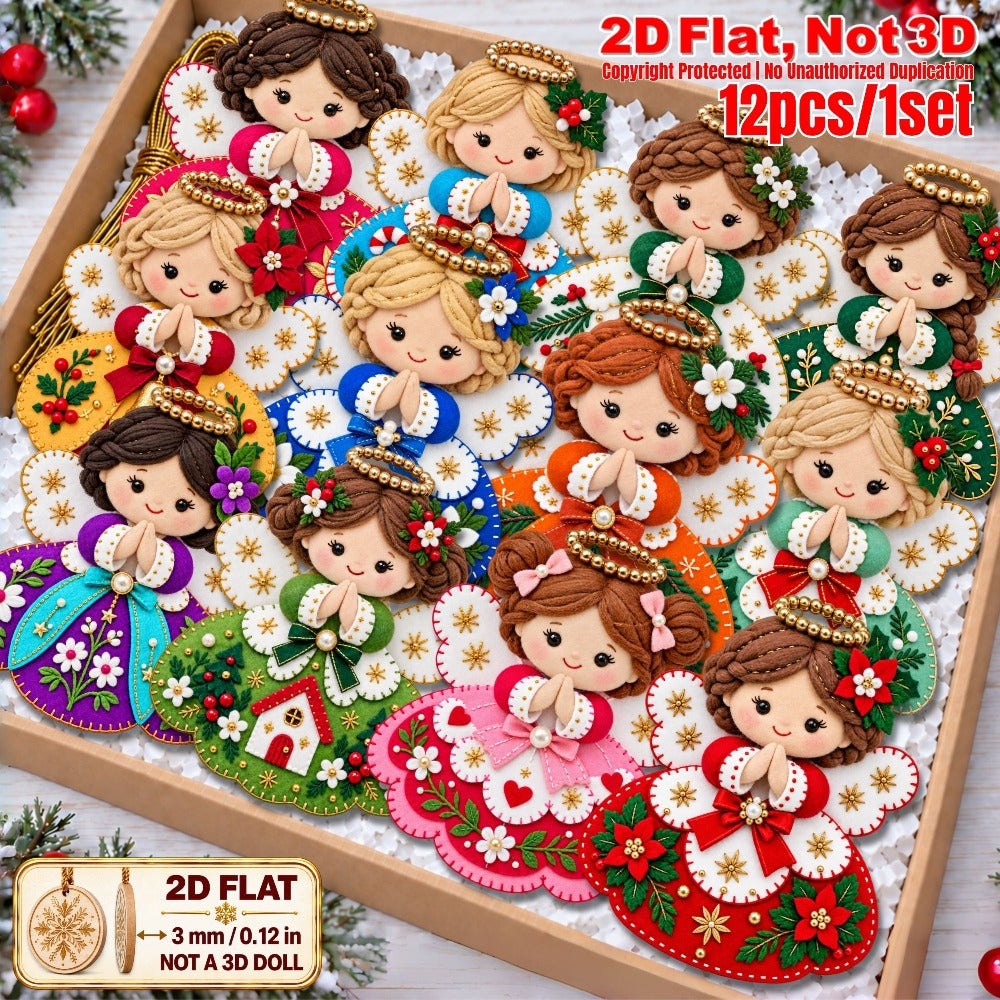 2D Flat 12Pcs Colorful Ornate Felt-Style Christmas Angel Wooden Ornaments, Gorgeous Angel Hanging Tree Toppers, Xmas Tree, Wall, Window, Door, Mantel, Porch Decor & Holiday Gift