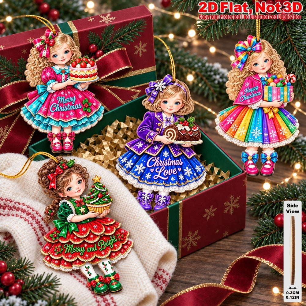 2D Flat 12Pcs Christmas Holiday Girl Wooden Ornaments, Girl with Festive Christmas Greetings Quotes, Vibrant Xmas Hanging Tree Toppers, Xmas Tree, Wall, Window, Door, Mantel, Porch Decor & Holiday Gift