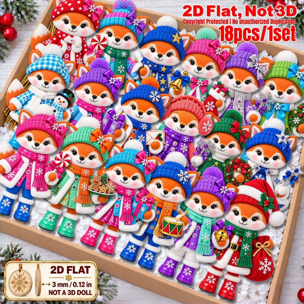 2D Flat 18Pcs Colorful Ornate Christmas Fox Wooden Ornaments, Gorgeous Fox Hanging Tree Toppers, Xmas Tree, Wall, Window, Door, Mantel, Porch Decor & Holiday Gift