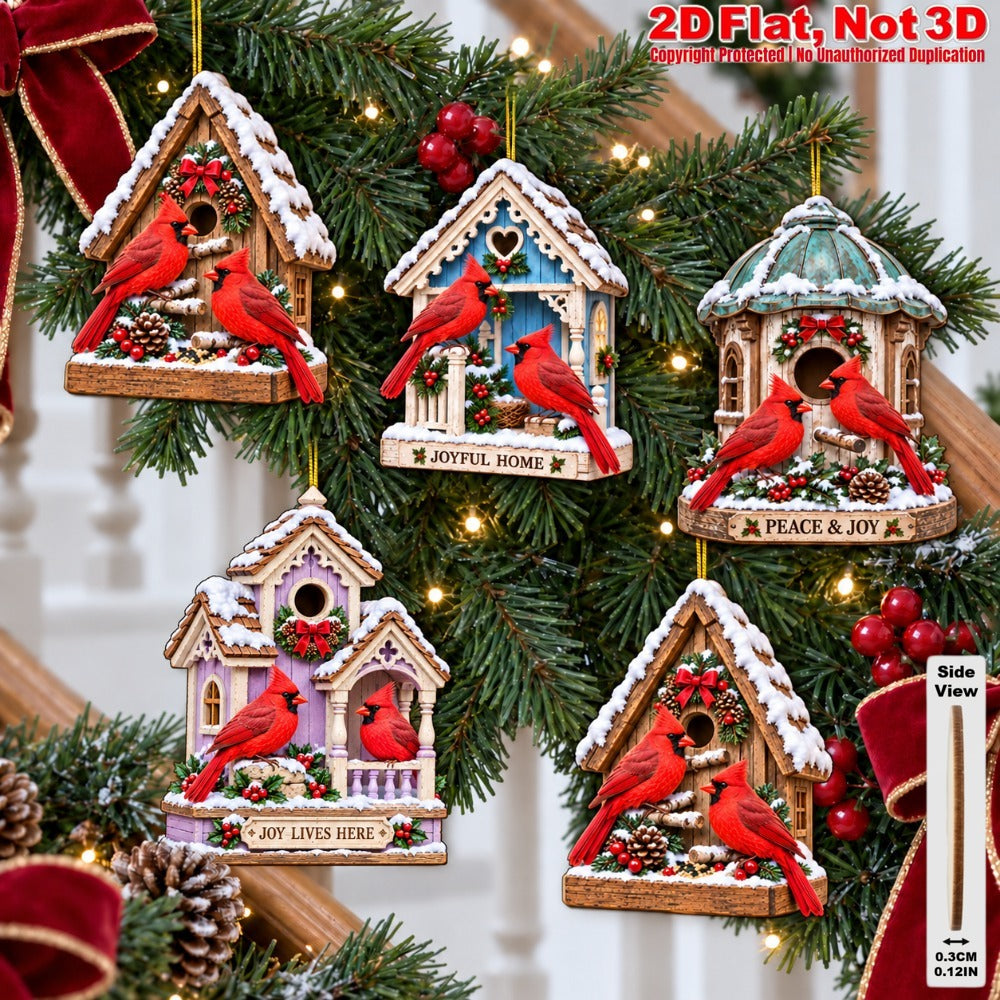 2D Flat 12Pcs Winter Cardinal Bird House Wooden Ornaments, Snowy Cottage Red Cardinal Hanging Tree Toppers, Xmas Tree, Wall, Window, Door, Mantel, Porch Decor & Holiday Gift