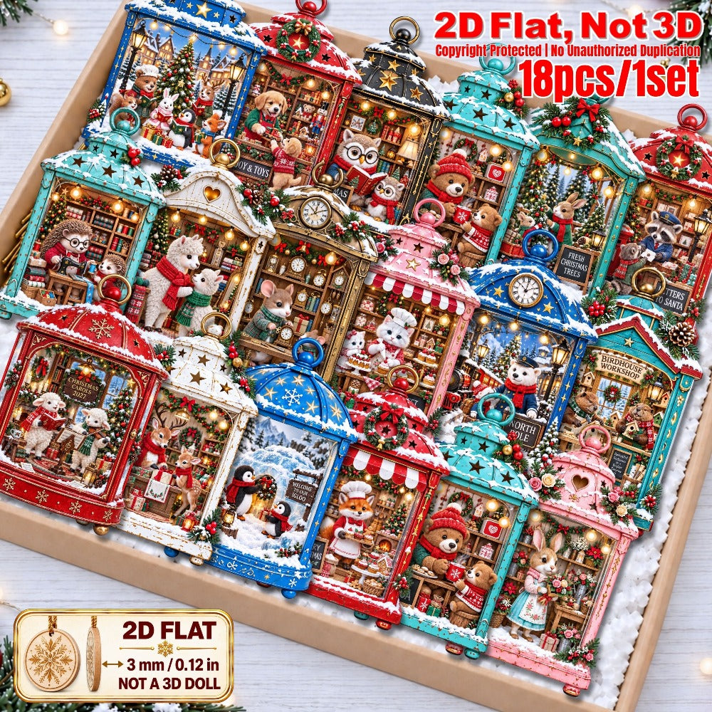 2D Flat 18Pcs Christmas Animal Lantern Scene Wooden Ornaments, Winter Wildlife Lantern Hanging Tree Toppers, Xmas Tree, Wall, Window, Door, Mantel, Porch Decor & Holiday Gift