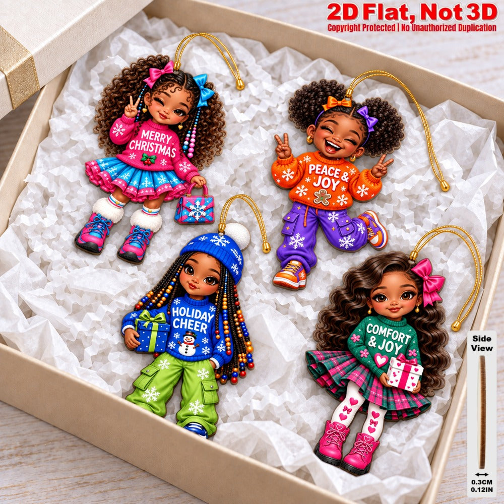 2D Flat 18Pcs Black Girl Comfort and Joy Quote Wooden Ornaments, Eye-Catching Wooden Hanging Ornaments for Christmas Trees
