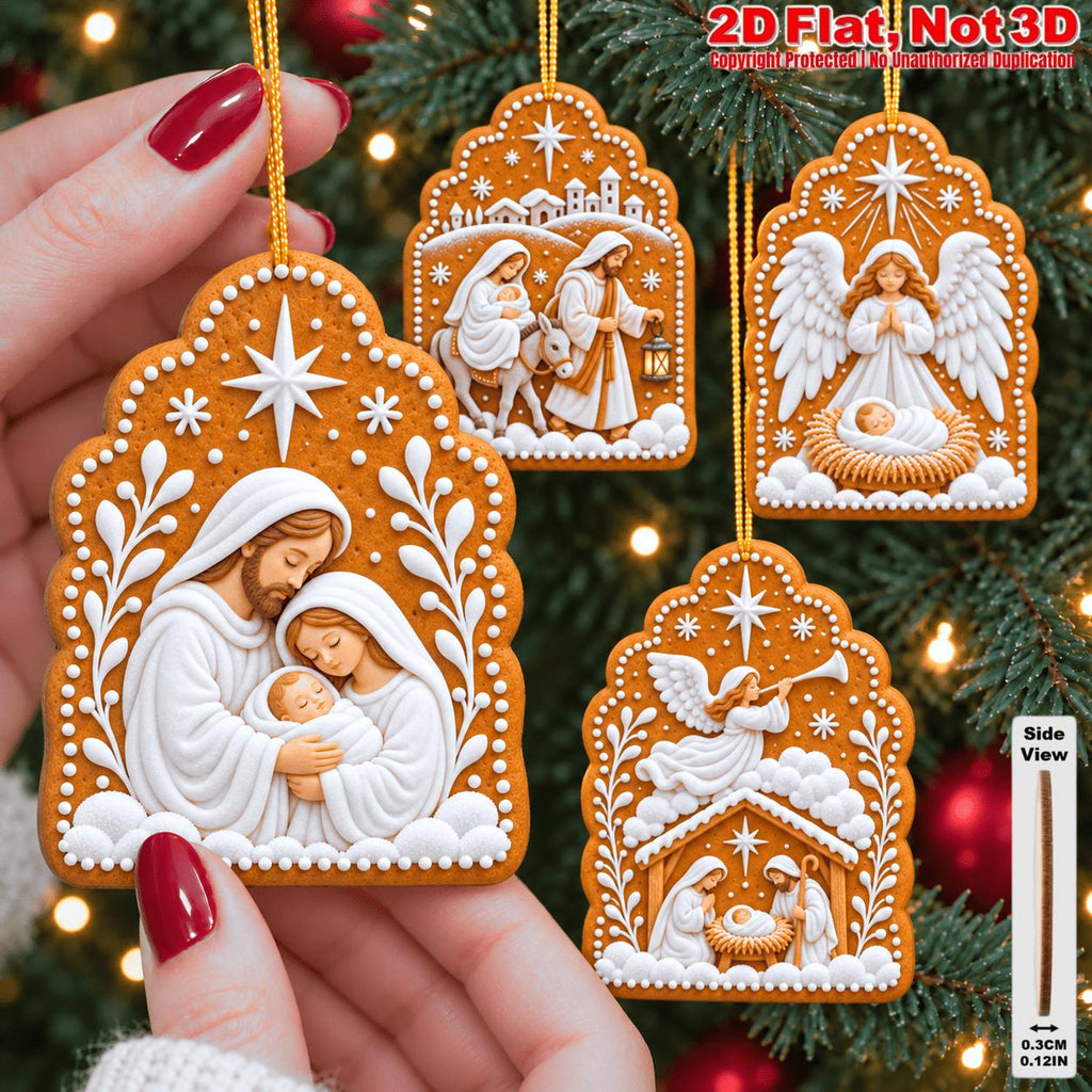 2D Flat 12Pcs Christmas Nativity Gingerbread Style Wooden Ornaments, Holy Birth Scene Hanging Tree Toppers, Xmas Tree, Wall, Window, Door, Mantel, Porch Decor & Holiday Gift