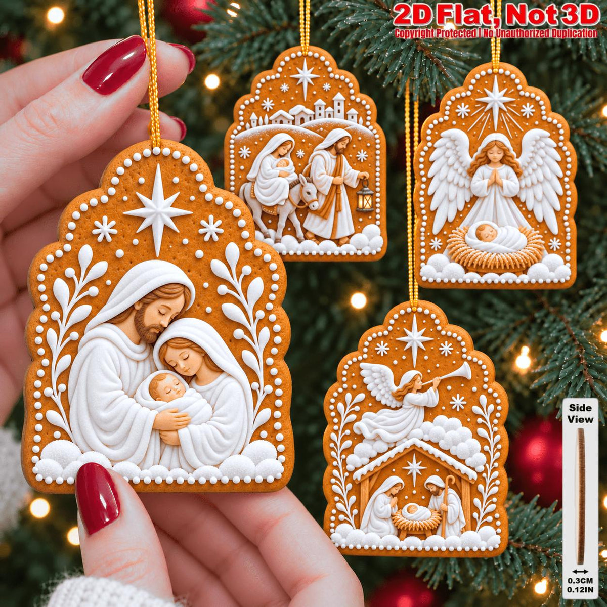 2D Flat 12Pcs Christmas Nativity Gingerbread Style Wooden Ornaments, Holy Birth Scene Hanging Tree Toppers, Xmas Tree, Wall, Window, Door, Mantel, Porch Decor & Holiday Gift