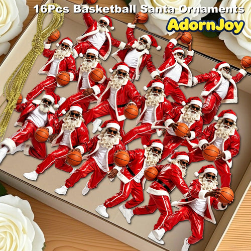 AdornJoy - Basketball Santa – African American 3mm Wooden Christmas Ornament, 2D Flat Basketball-Themed Tree Decoration for Basketball Fans, 16 Piece Sets