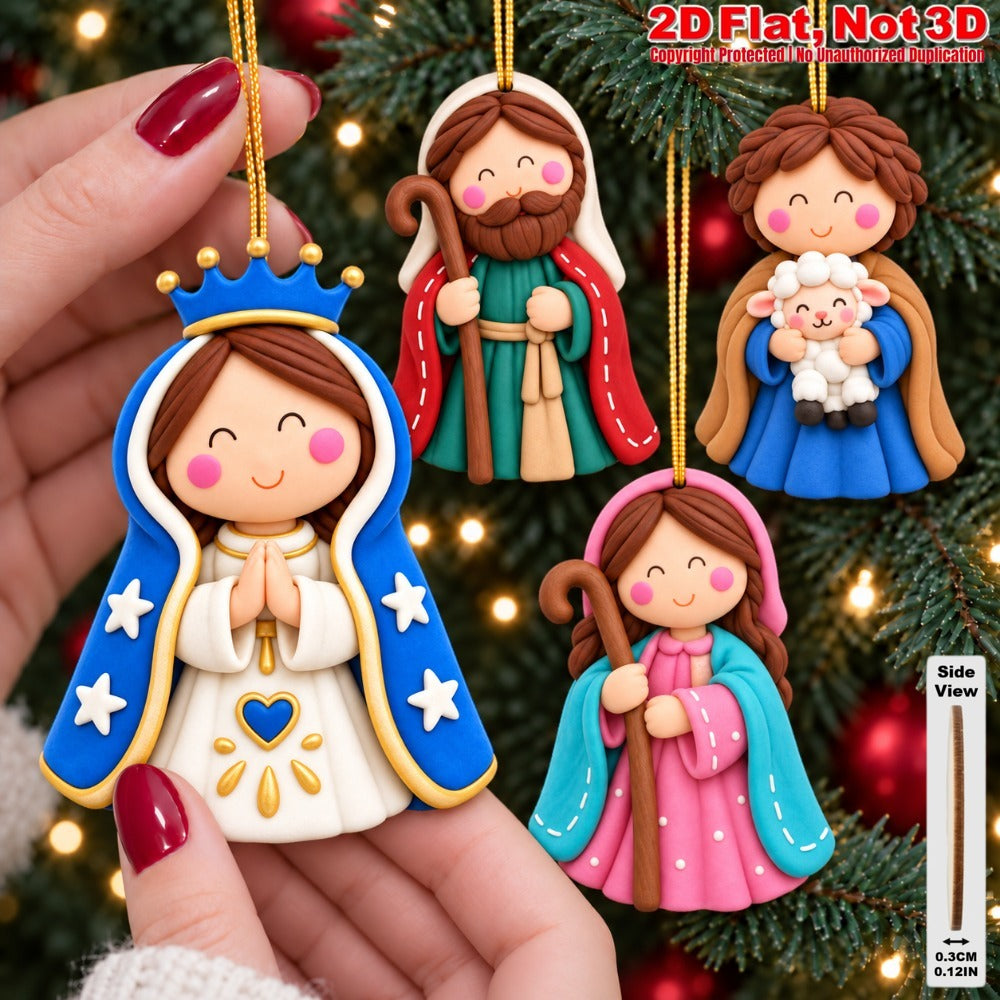 2D Flat 12Pcs Ornate Clay-Style Nativity Scene Wooden Ornaments, Gorgeous Holy Birth Character Hanging Tree Toppers, Xmas Tree, Wall, Window, Door, Mantel, Porch Decor & Holiday Gift