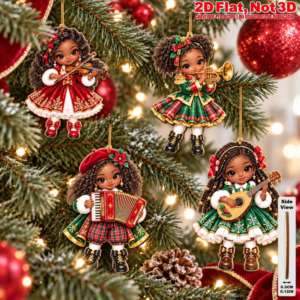 AdornJoy 18 Pcs African American Christmas Musician Ornament Sets - 3mm Festive Band 2D Flat Wooden Christmas Tree Ornaments