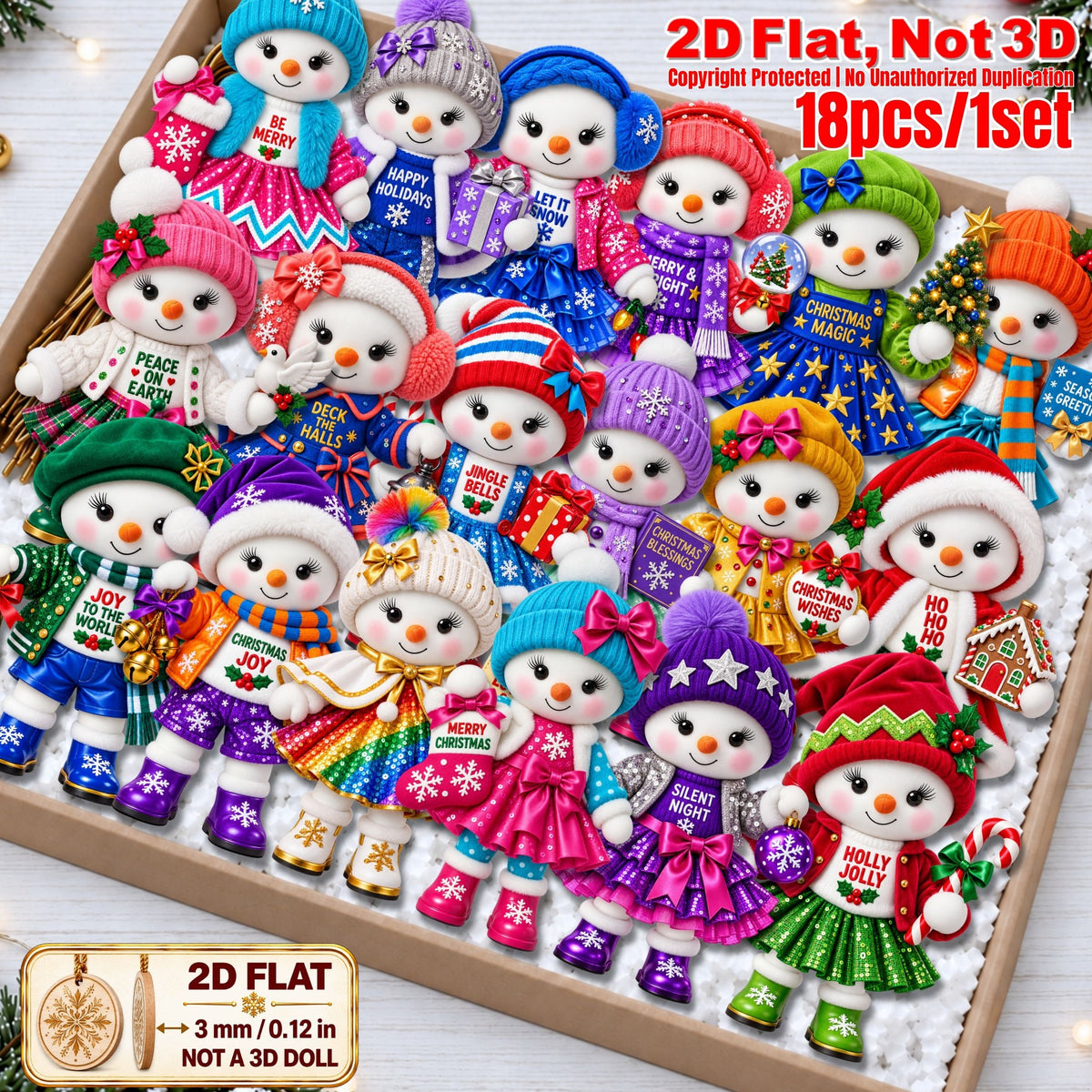 2D Flat 18Pcs Festive Christmas Greetings Quotes Snowman Christmas Wooden Ornaments, Colorful Snowman, Vibrant Xmas Hanging Tree Toppers, Xmas Tree, Wall, Window, Door, Mantel, Porch Decor & Holiday Gift