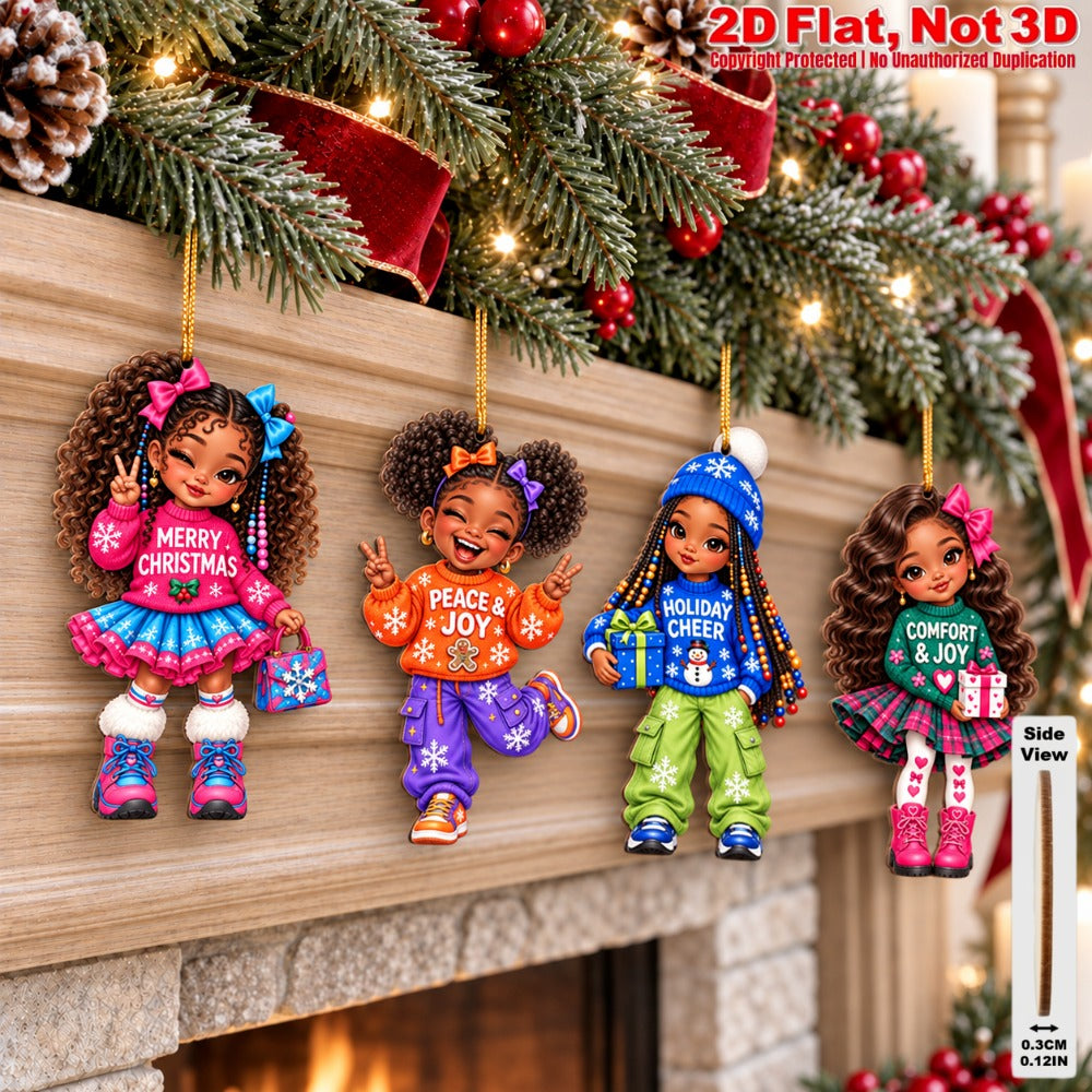 2D Flat 18Pcs Black Girl Comfort and Joy Quote Wooden Ornaments, Eye-Catching Wooden Hanging Ornaments for Christmas Trees