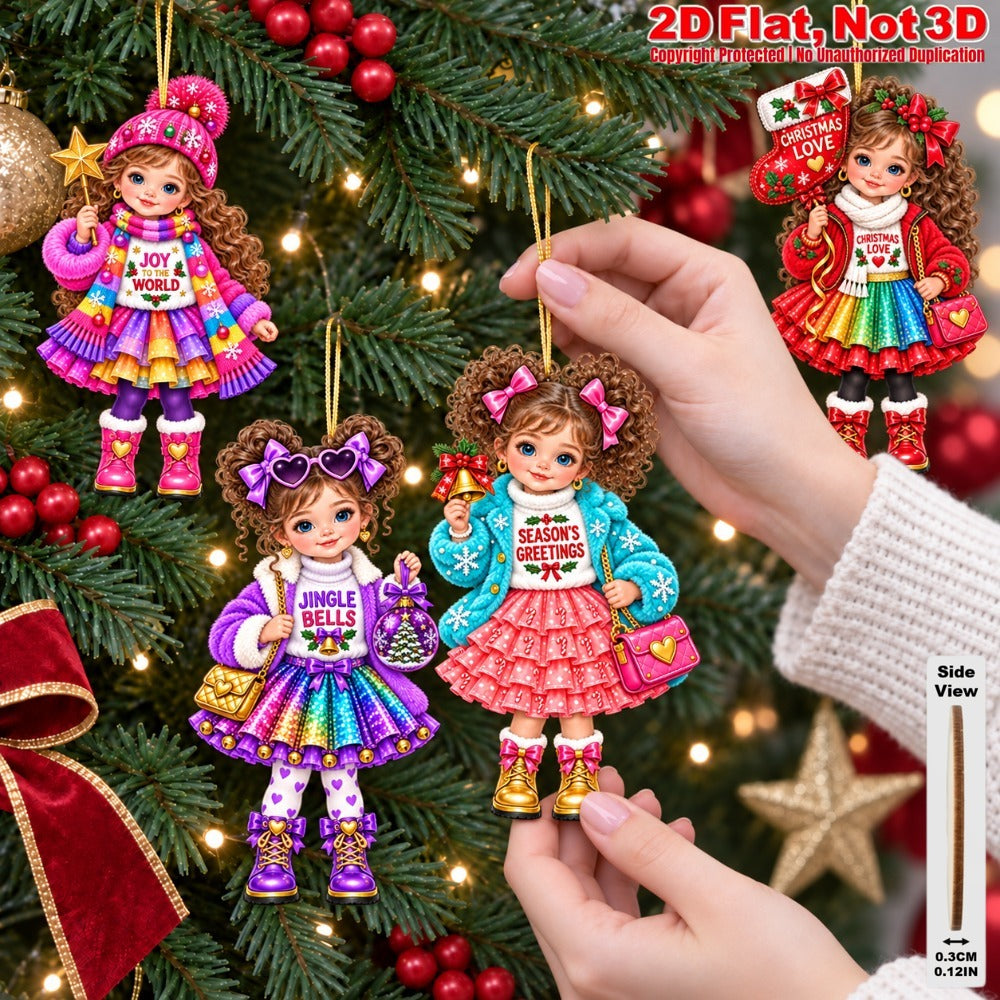 2D Flat 12Pcs Colorful Winter Christmas Girl Wooden Ornaments, Girl with Festive Christmas Greetings Quotes, Vibrant Xmas Hanging Tree Toppers, Xmas Tree, Wall, Window, Door, Mantel, Porch Decor & Holiday Gift