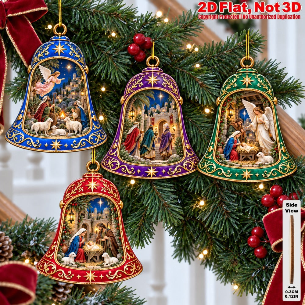 2D Flat 12Pcs Ornate Bell Shaped Nativity Scene Wooden Ornaments, Gorgeous Vintage Holy Birth Bell Hanging Tree Toppers, Xmas Tree, Wall, Window, Door, Mantel, Porch Decor & Holiday Gift
