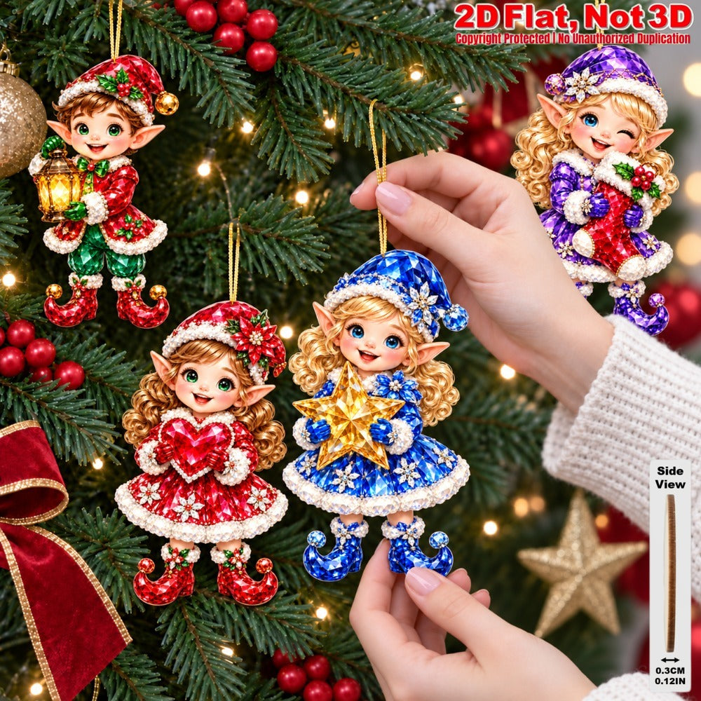 2D Flat 18Pcs Colorful Gem Style Christmas Elf Wooden Ornaments, Vibrant Elf Hanging Tree Toppers, Xmas Tree, Wall, Window, Door, Mantel, Porch Decor & Holiday Gift