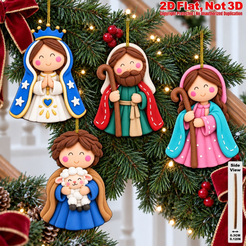 2D Flat 18Pcs Ornate Clay-Style Nativity Scene Wooden Ornaments, Gorgeous Holy Birth Character Hanging Tree Toppers, Xmas Tree, Wall, Window, Door, Mantel, Porch Decor & Holiday Gift