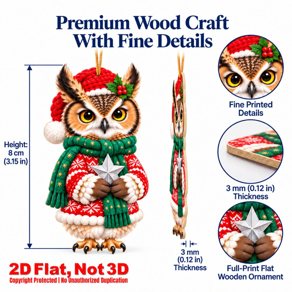 2D Flat 12Pcs Christmas Winter Owl Wooden Ornaments, Festive Cozy Outfit Owl Hanging Tree Toppers, Xmas Tree, Wall, Window, Door, Mantel, Porch Decor & Holiday Gift