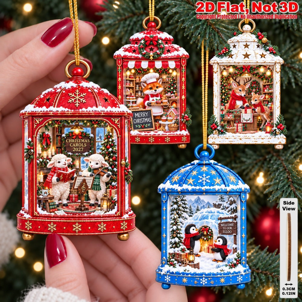 2D Flat 18Pcs Christmas Animal Lantern Scene Wooden Ornaments, Winter Wildlife Lantern Hanging Tree Toppers, Xmas Tree, Wall, Window, Door, Mantel, Porch Decor & Holiday Gift