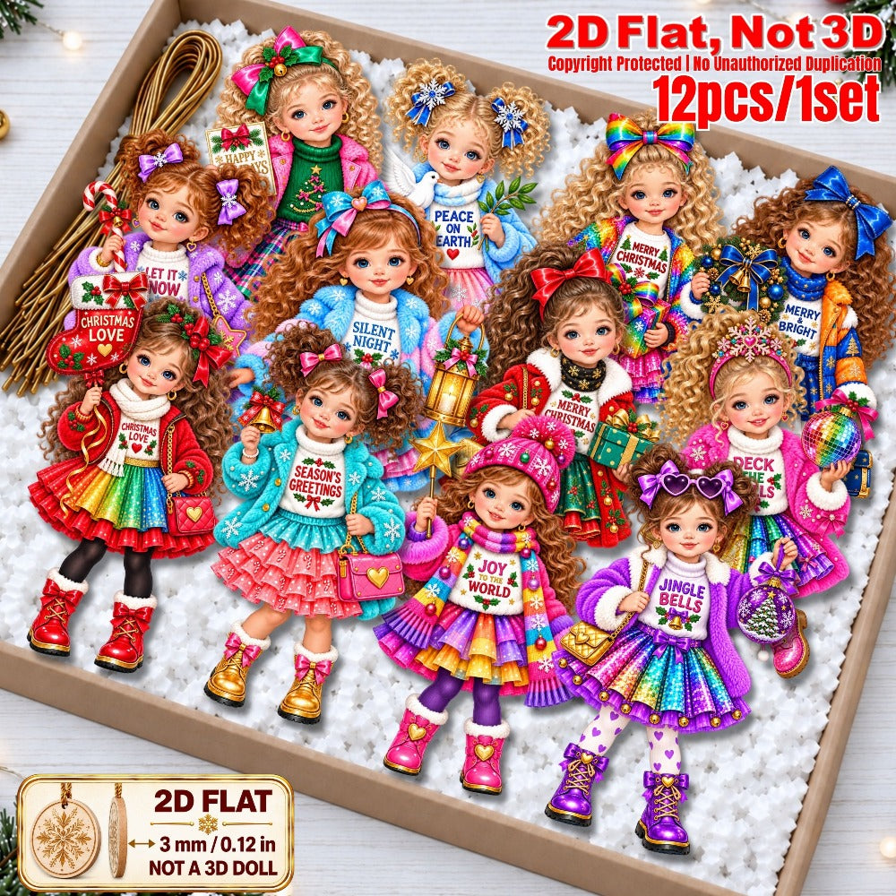 2D Flat 12Pcs Colorful Winter Christmas Girl Wooden Ornaments, Girl with Festive Christmas Greetings Quotes, Vibrant Xmas Hanging Tree Toppers, Xmas Tree, Wall, Window, Door, Mantel, Porch Decor & Holiday Gift