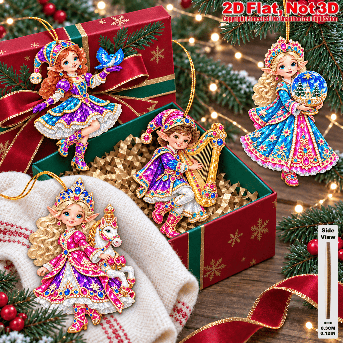 2D Flat 12Pcs Colorful Ornate Christmas Elf Wooden Ornaments, Gorgeous Elf Hanging Tree Toppers, Xmas Tree, Wall, Window, Door, Mantel, Porch Decor & Holiday Gift