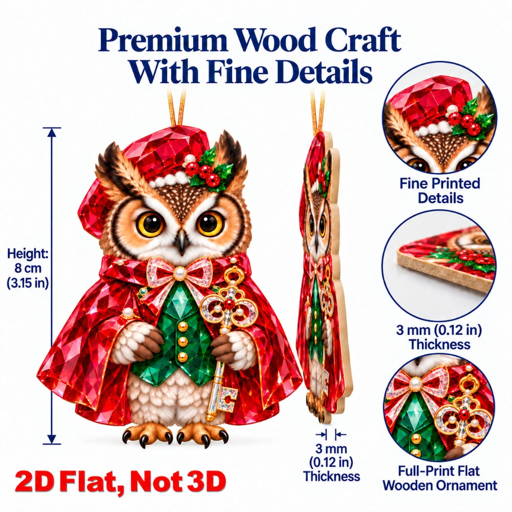 2D Flat 12Pcs Colorful Ornate Christmas Owl Wooden Ornaments, Gorgeous Owl Hanging Tree Toppers, Xmas Tree, Wall, Window, Door, Mantel, Porch Decor & Holiday Gift