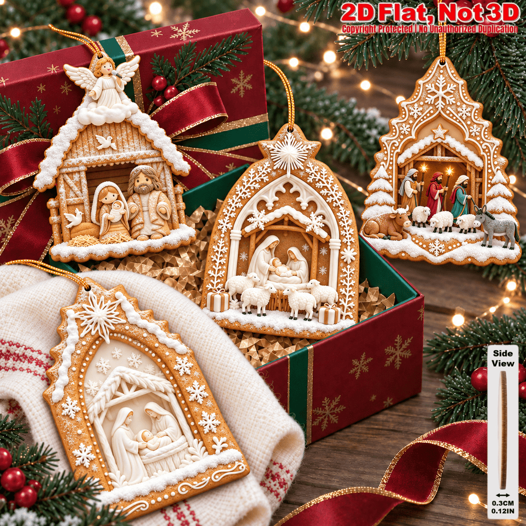 2D Flat 18Pcs Ornate Gingerbread Shaped Nativity Scene Wooden Ornaments, Snowy Holy Birth Hanging Tree Toppers, Xmas Tree, Wall, Window, Door, Mantel, Porch Decor & Holiday Gift