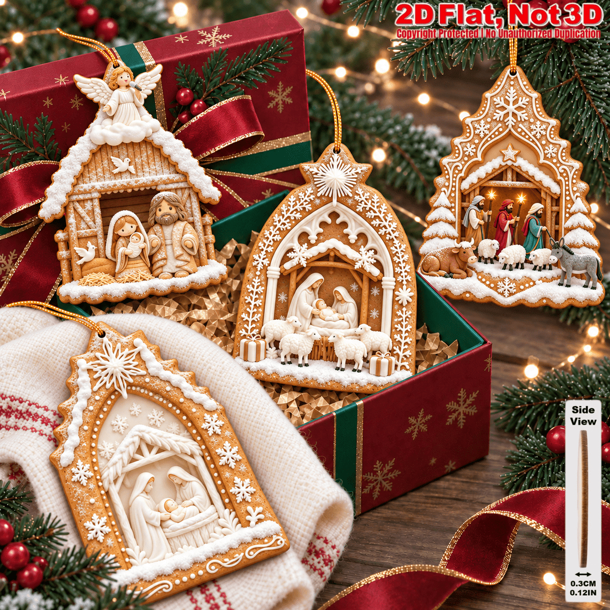 2D Flat 18Pcs Ornate Gingerbread Shaped Nativity Scene Wooden Ornaments, Snowy Holy Birth Hanging Tree Toppers, Xmas Tree, Wall, Window, Door, Mantel, Porch Decor & Holiday Gift
