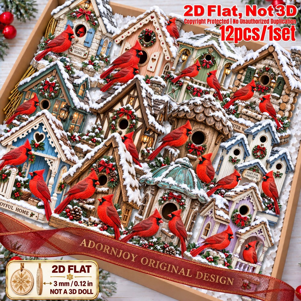 2D Flat 12Pcs Winter Cardinal Bird House Wooden Ornaments, Snowy Cottage Red Cardinal Hanging Tree Toppers, Xmas Tree, Wall, Window, Door, Mantel, Porch Decor & Holiday Gift