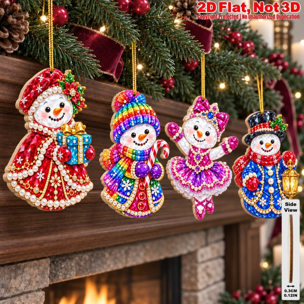 2D Flat 18Pcs Colorful Gem Snowman Christmas Wooden Ornaments, Vibrant Rhinestone Style Snowman Hanging Tree Toppers, Xmas Tree, Wall, Window, Door, Mantel, Porch Decor & Holiday Gift