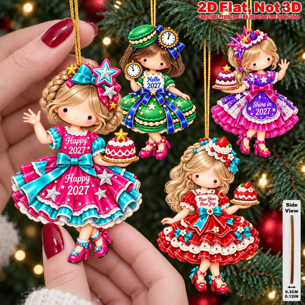 2D Flat 12Pcs New Year Sweet Dessert Girl Wooden Ornaments, 2027 Festive Inspirational Quotes, Vibrant Hanging Tree Toppers, Xmas Tree, Wall, Window, Door, Mantel, Porch Decor & Holiday Gift