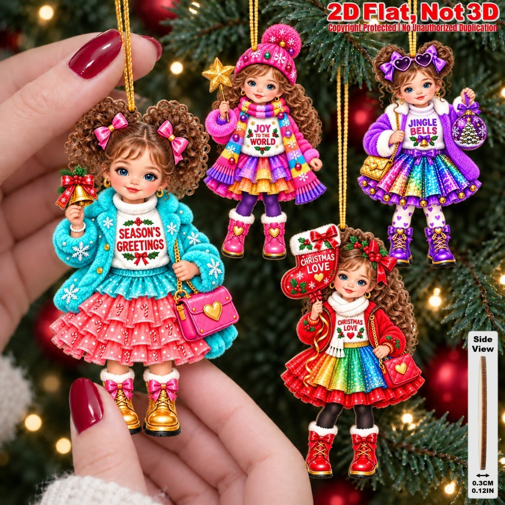2D Flat 18Pcs Colorful Winter Christmas Girl Wooden Ornaments, Girl with Festive Christmas Greetings Quotes, Vibrant Xmas Hanging Tree Toppers, Xmas Tree, Wall, Window, Door, Mantel, Porch Decor & Holiday Gift