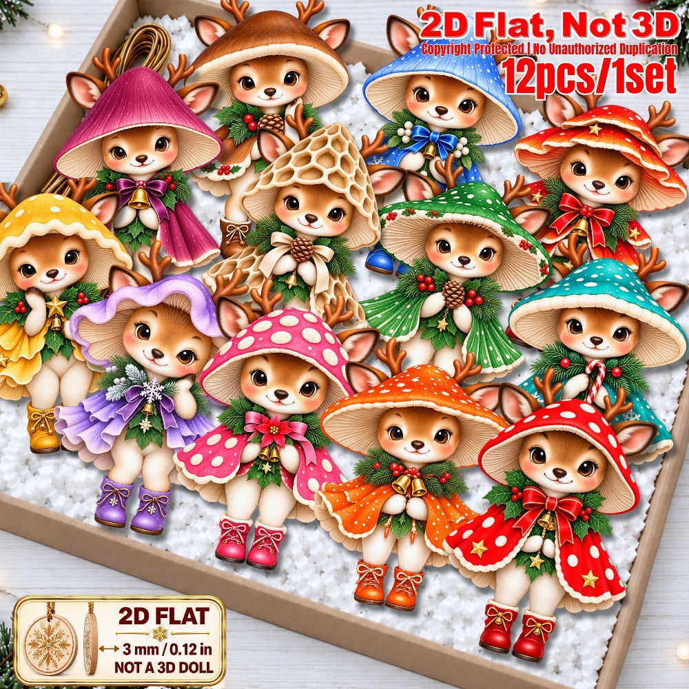 2D Flat 12Pcs Christmas Mushroom Hat Deer Wooden Ornaments, Vibrant Xmas Hanging Tree Toppers, Xmas Tree, Wall, Window, Door, Mantel, Porch Decor & Holiday Gift