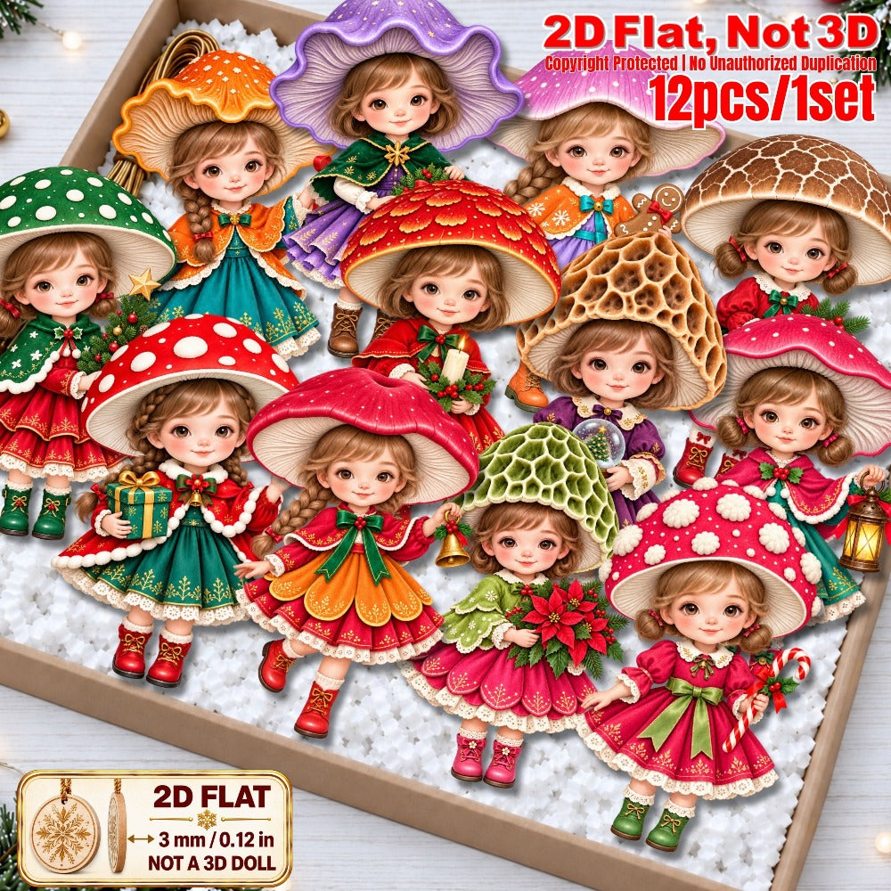 2D Flat 12Pcs Christmas Mushroom Hat Girl Wooden Ornaments, Vibrant Xmas Hanging Tree Toppers, Xmas Tree, Wall, Window, Door, Mantel, Porch Decor & Holiday Gift