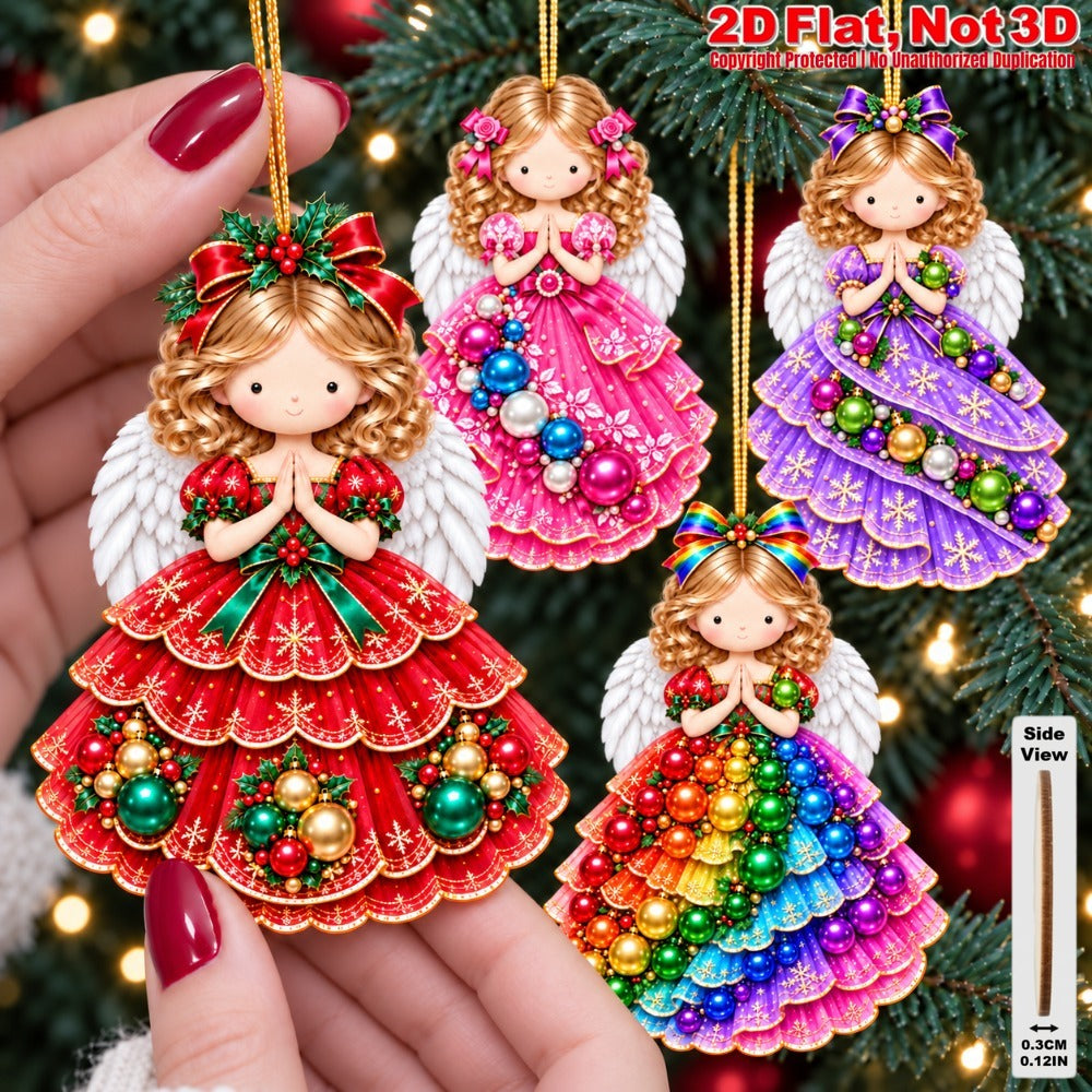 2D Flat 12Pcs Colorful Ornate Praying Christmas Angel Wooden Ornaments, Gorgeous Winged Angel Hanging Tree Toppers, Xmas Tree, Wall, Window, Door, Mantel, Porch Decor & Holiday Gift