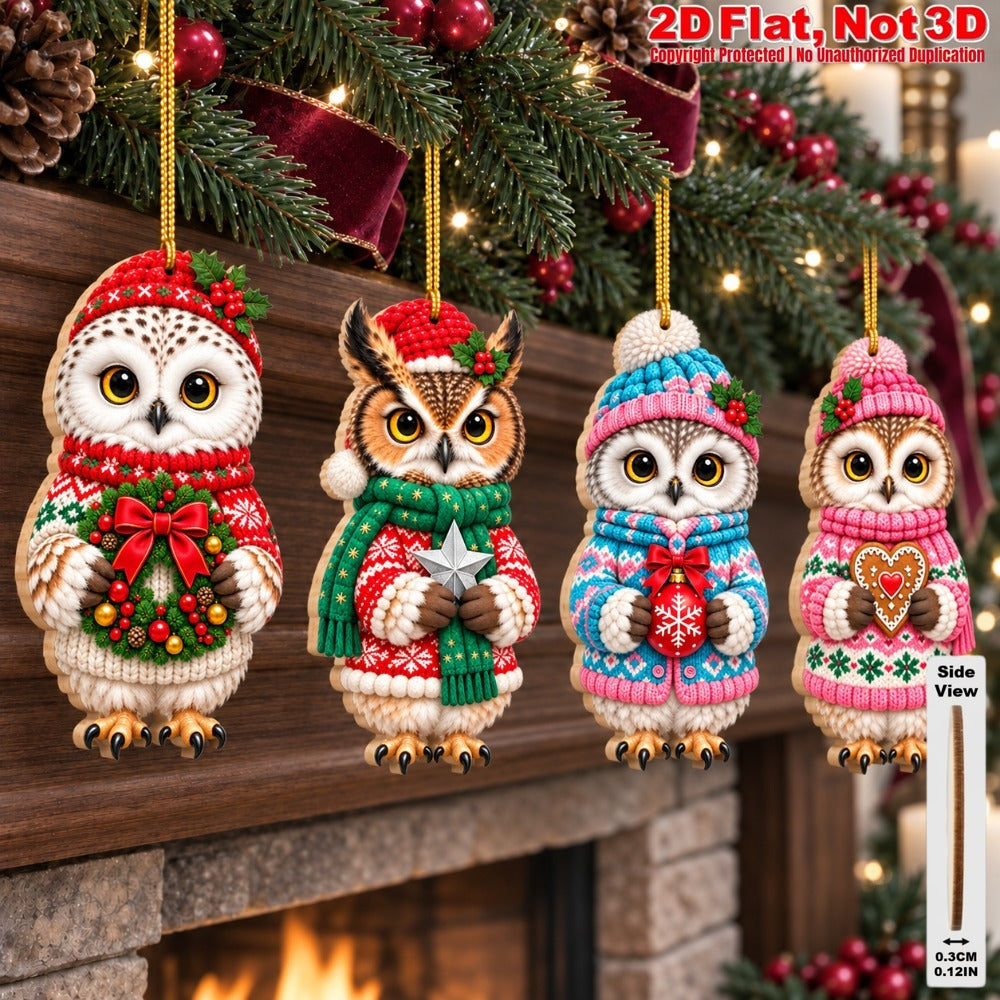 2D Flat 18Pcs Christmas Winter Owl Wooden Ornaments, Festive Cozy Outfit Owl Hanging Tree Toppers, Xmas Tree, Wall, Window, Door, Mantel, Porch Decor & Holiday Gift