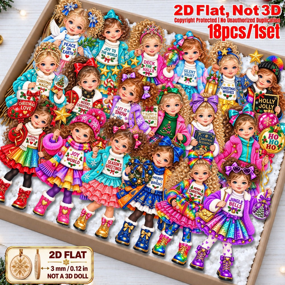 2D Flat 18Pcs Colorful Winter Christmas Girl Wooden Ornaments, Girl with Festive Christmas Greetings Quotes, Vibrant Xmas Hanging Tree Toppers, Xmas Tree, Wall, Window, Door, Mantel, Porch Decor & Holiday Gift