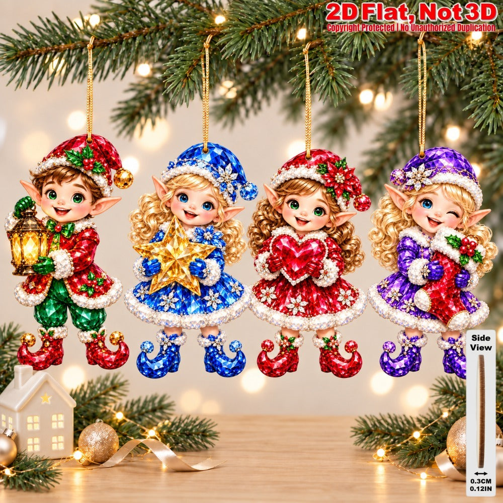 2D Flat 12Pcs Colorful Gem Style Christmas Elf Wooden Ornaments, Vibrant Elf Hanging Tree Toppers, Xmas Tree, Wall, Window, Door, Mantel, Porch Decor & Holiday Gift