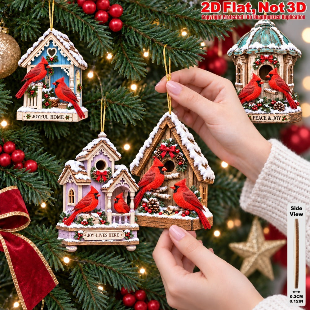 2D Flat 12Pcs Winter Cardinal Bird House Wooden Ornaments, Snowy Cottage Red Cardinal Hanging Tree Toppers, Xmas Tree, Wall, Window, Door, Mantel, Porch Decor & Holiday Gift