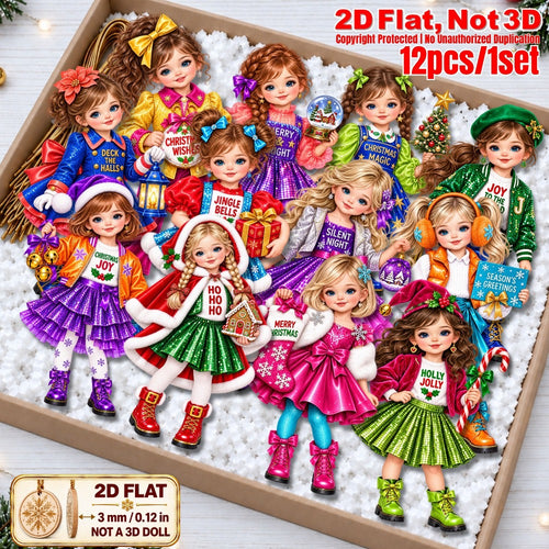 2D Flat 12Pcs Christmas Winter Outfit Girl Wooden Ornaments, Girl with Festive Christmas Greetings Quotes, Vibrant Xmas Hanging Tree Toppers, Xmas Tree, Wall, Window, Door, Mantel, Porch Decor & Holiday Gift