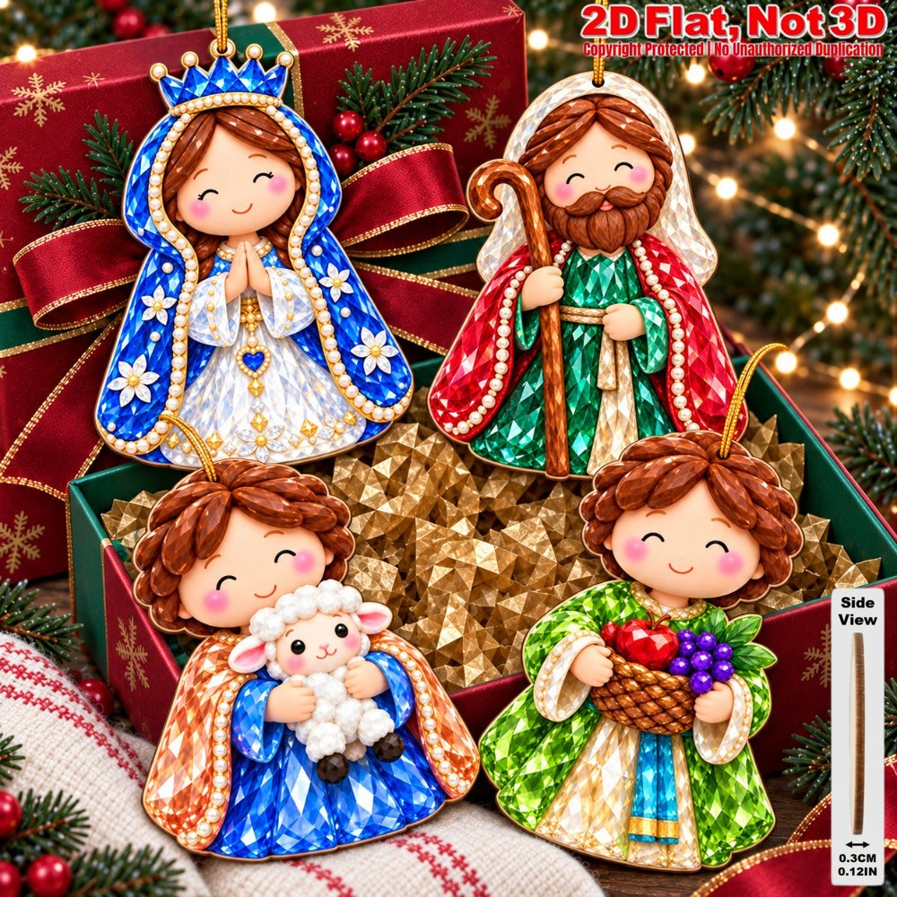 2D Flat 12Pcs Colorful Ornate Crystal Textured Nativity Character Wooden Ornaments, Gorgeous Holy Birth Figures Hanging Tree Toppers, Xmas Tree, Wall, Window, Door, Mantel, Porch Decor & Holiday Gift