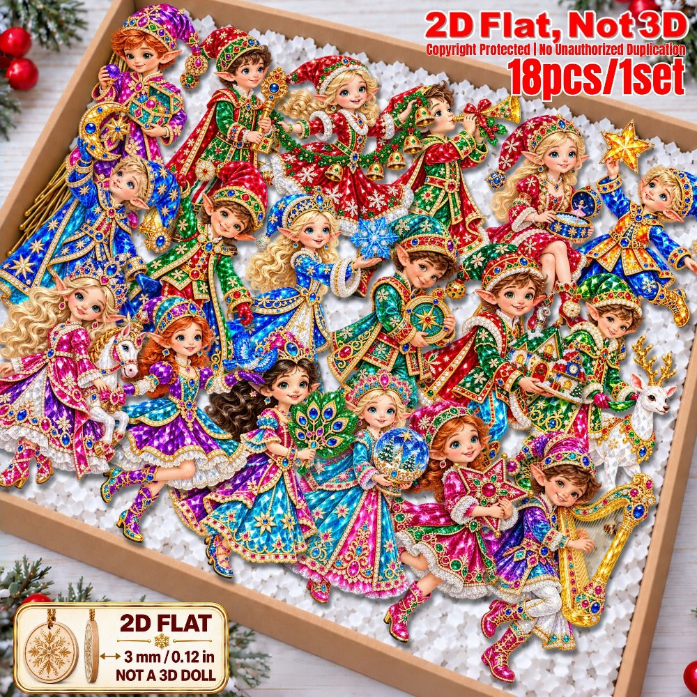 2D Flat 18Pcs Colorful Ornate Christmas Elf Wooden Ornaments, Gorgeous Elf Hanging Tree Toppers, Xmas Tree, Wall, Window, Door, Mantel, Porch Decor & Holiday Gift