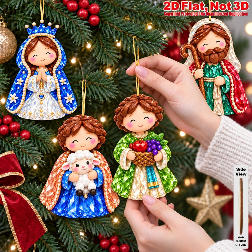 2D Flat 18Pcs Colorful Ornate Crystal Textured Nativity Character Wooden Ornaments, Gorgeous Holy Birth Figures Hanging Tree Toppers, Xmas Tree, Wall, Window, Door, Mantel, Porch Decor & Holiday Gift