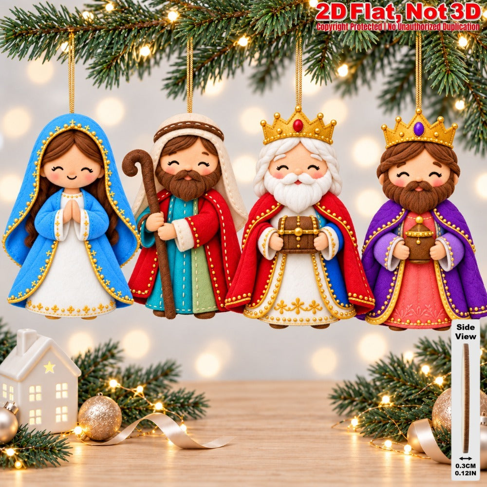 2D Flat 12Pcs Ornate Felt-Style Nativity Character Wooden Ornaments, Gorgeous Holy Birth Figures Hanging Tree Toppers, Xmas Tree, Wall, Window, Door, Mantel, Porch Decor & Holiday Gift