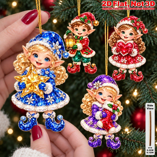 2D Flat 12Pcs Colorful Gem Style Christmas Elf Wooden Ornaments, Vibrant Elf Hanging Tree Toppers, Xmas Tree, Wall, Window, Door, Mantel, Porch Decor & Holiday Gift