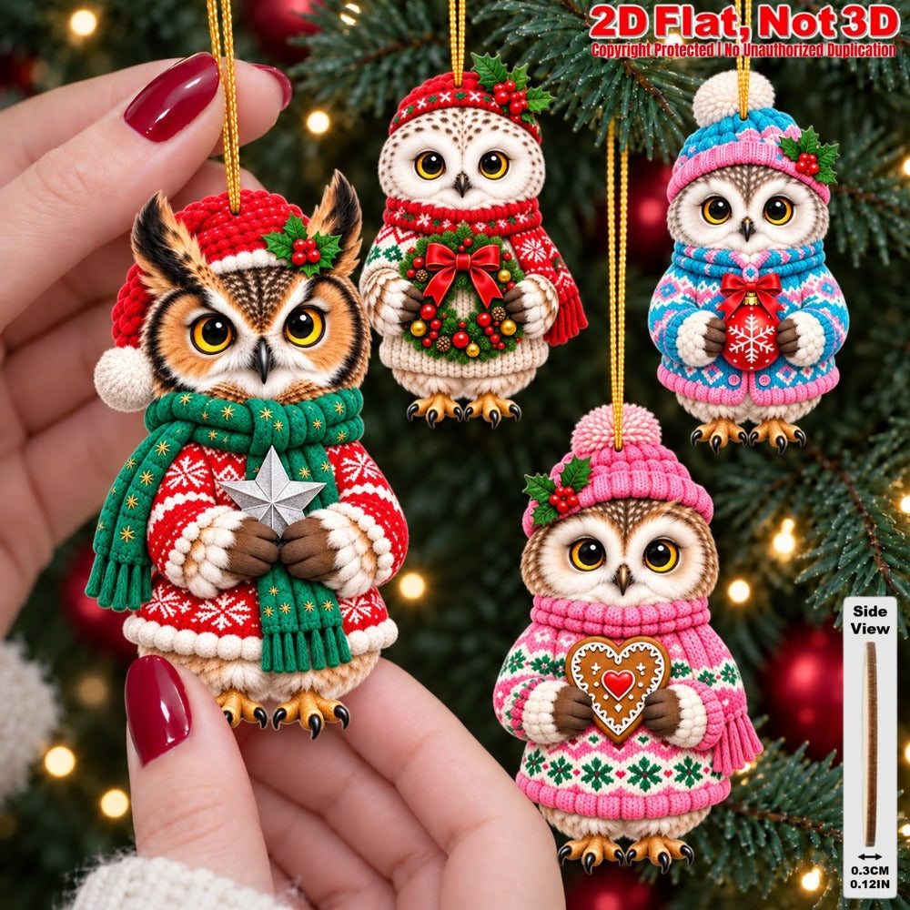 2D Flat 18Pcs Christmas Winter Owl Wooden Ornaments, Festive Cozy Outfit Owl Hanging Tree Toppers, Xmas Tree, Wall, Window, Door, Mantel, Porch Decor & Holiday Gift