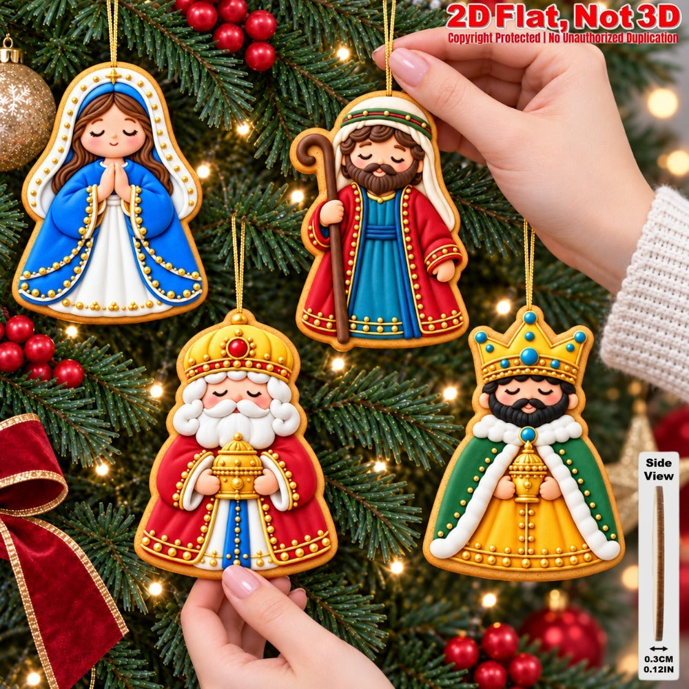 2D Flat 12Pcs Ornate Cookie-Style Nativity Character Wooden Ornaments, Gorgeous Holy Birth Figures Hanging Tree Toppers, Xmas Tree, Wall, Window, Door, Mantel, Porch Decor & Holiday Gift