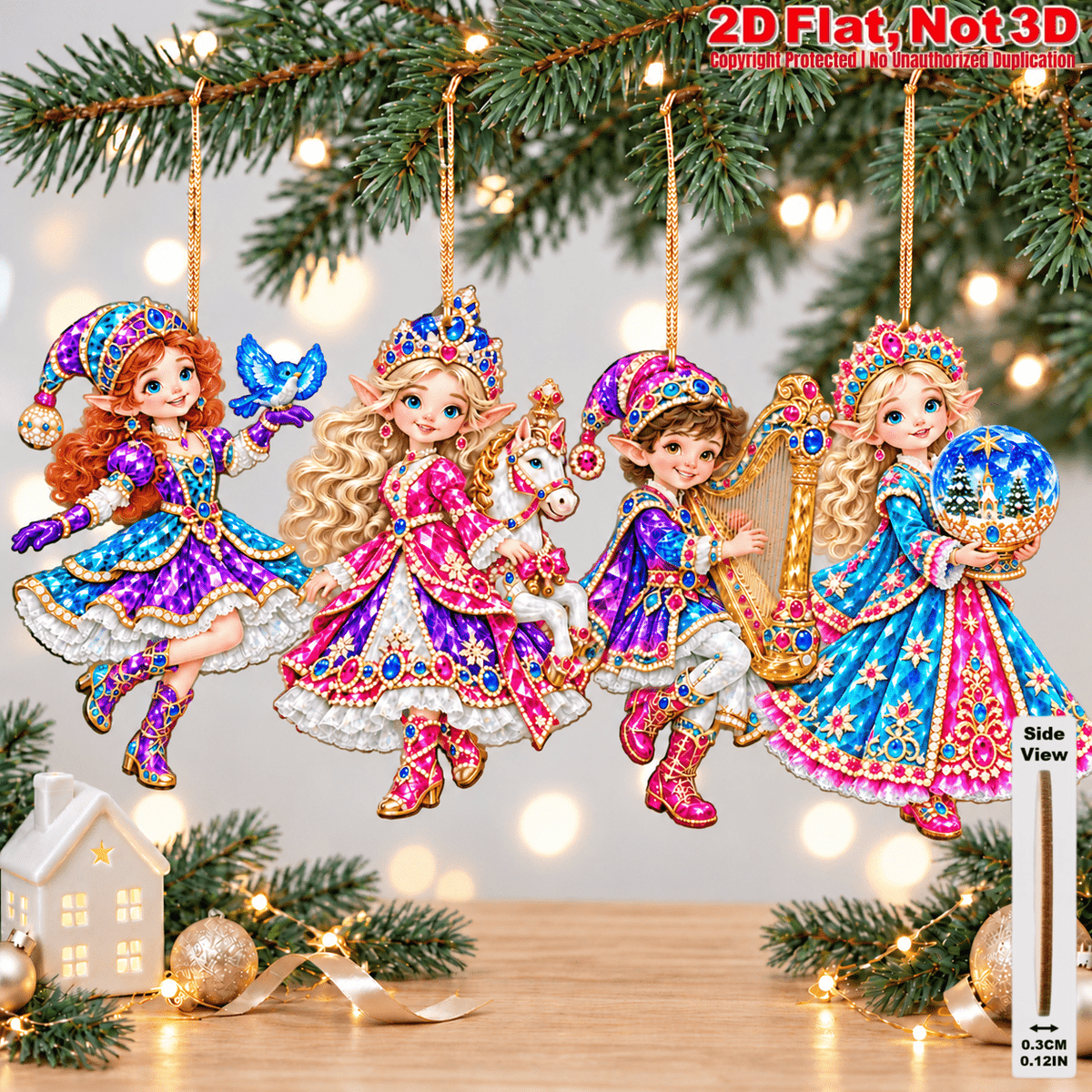 2D Flat 12Pcs Colorful Ornate Christmas Elf Wooden Ornaments, Gorgeous Elf Hanging Tree Toppers, Xmas Tree, Wall, Window, Door, Mantel, Porch Decor & Holiday Gift
