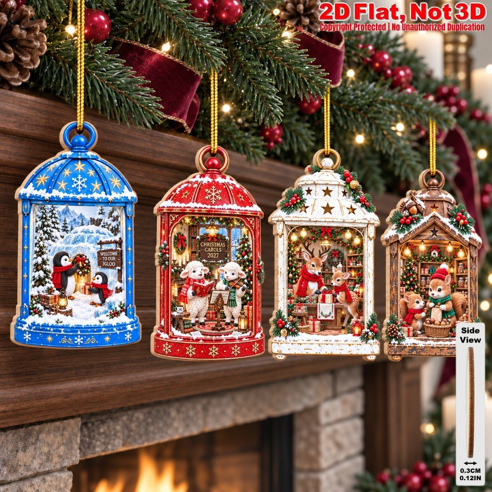 2D Flat 18Pcs Christmas Animal Lantern Scene Wooden Ornaments, Winter Wildlife Lantern Hanging Tree Toppers, Xmas Tree, Wall, Window, Door, Mantel, Porch Decor & Holiday Gift