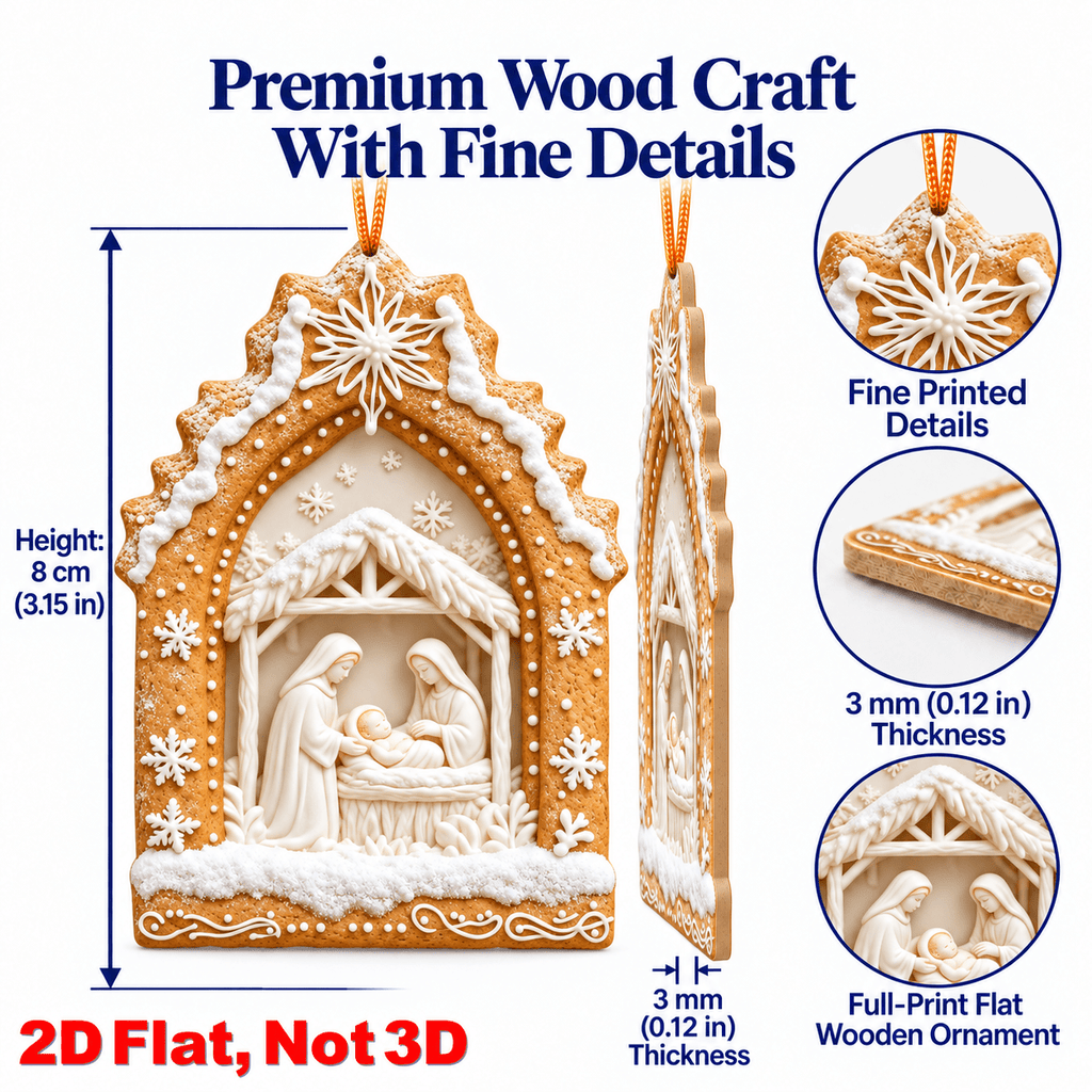 2D Flat 18Pcs Ornate Gingerbread Shaped Nativity Scene Wooden Ornaments, Snowy Holy Birth Hanging Tree Toppers, Xmas Tree, Wall, Window, Door, Mantel, Porch Decor & Holiday Gift